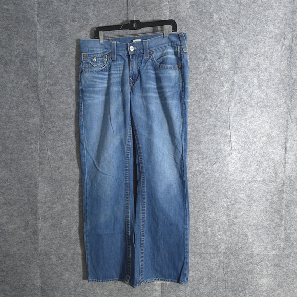 True Religion Billy Jeans Mens 34 Waist Light Wash Denim Straight Leg Distressed - Picture 1 of 13